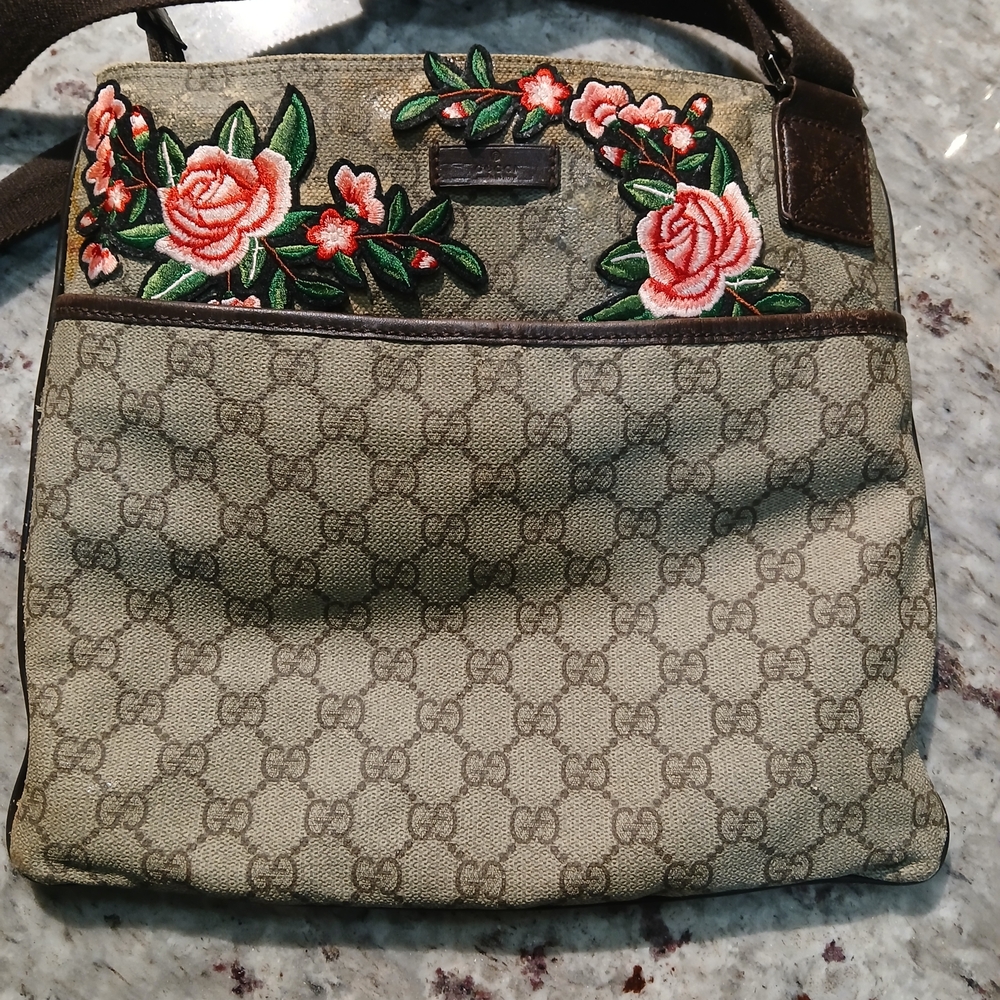 Floral Embroidered Gucci Canvas Crossbody Bag - Brown/Tan